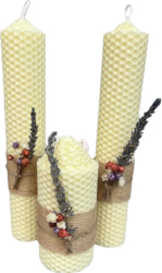 Set 3 lumanari BLOOMANT din ceara naturala Handmade decorate cu flori naturale uscate 2x H20 cm/D4 cm 1x H10 cm/D 5.5cm Ivoire 