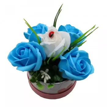 Aranjament Floral Cutie Trandafiri 4 Trandafiri Albastri din Sapun si unul Alb 