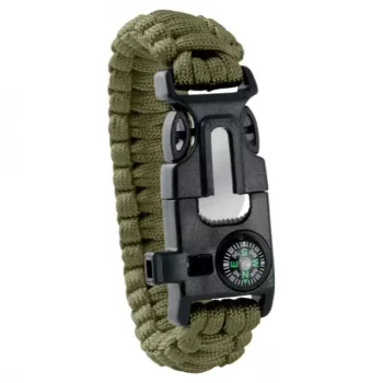 Bratara de supravietuire in aer liber tip army 5 in 1 paracord busola fluier cutit cremene verde 