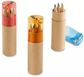 Cutie cilindrica din carton si ascutitoare plastic cu creioane de colorat 