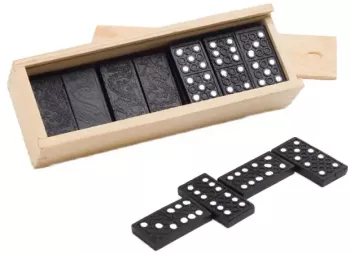 Joc domino cu piese plastic negre in cutie de lemn 146 x 50 x 30 mm 