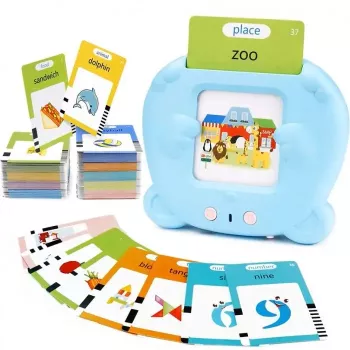 Jucarie Montessori pentru copii Set invatare limba engleza cu cititor de carduri flash 224 de cuvinte MicroUSB albastru 