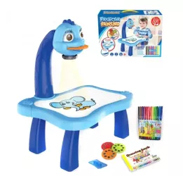 Masa de Desenat Educationala Pentru Copii cu Proiector si Muzica Set 12 Culori Burete 24 Imagini Albastra 38X25.5X9 cm