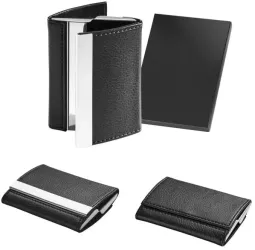 Port card dublu din metal si piele in cutie 
