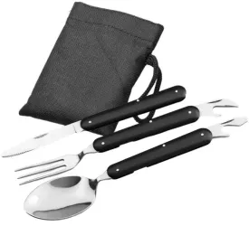 Set 3 tacamuri pliabile lingura furculita cutit otel inoxidabil 17 cm negru husa 