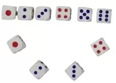Set de 10 Zaruri Albe cu Puncte Albastru si Rosu 15 mm Dalimag 