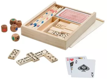 Set de jocuri de familie 4 in 1 incutie din lemn domino mikado carii si zaruri 