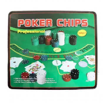 Set Poker Profesional 500 Jetoane 2 Pachete Carti 3 Butoane Dealer Small Blind Big Blind Covoras Verde 33cm x 30cm x 7cm