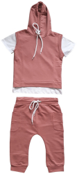 Trening Emilia fata tricou si pantalon 3/4 tur lasat bumbac roz plamaniu cu alb 8 ani