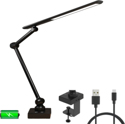 Lampa de birou LED Brat Oscilant cu Clema Inaltime Ajustabila 3 Moduri de Iluminare Temporizator Slot USB - Baterie incorporata 2000MHA
