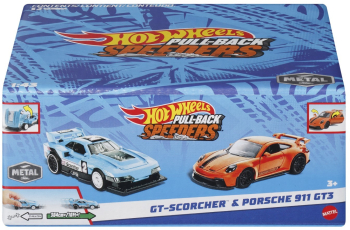 HOT WHEELS SET 2 MASINUTE METALICE PULL BACK GT-SCORCHER SI PORSCHE 911 GT3 1 43 