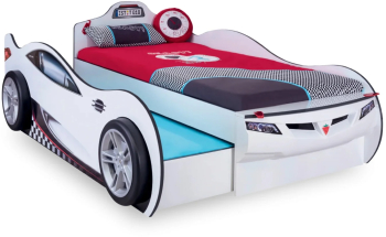 Pat masinuta pentru copii Race Cup White 190x90 cm cu pat suplimentar 90x180 cm 