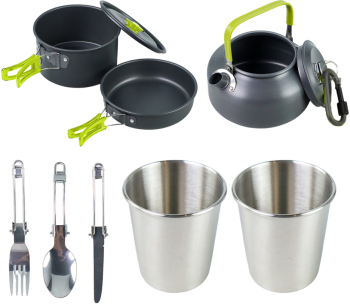 Set vesela si accesorii camping DS-308   aluminiu saculet depozitare verde/negru 