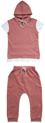 Trening dama Elsa bumbac tricou si pantalon 3/4 tur lasat roz plamaniu cu alb M 