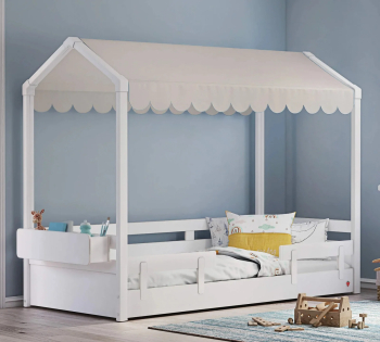 Pat 90x200 cm cu acoperis crem pentru camera copil Colectia Montes White 