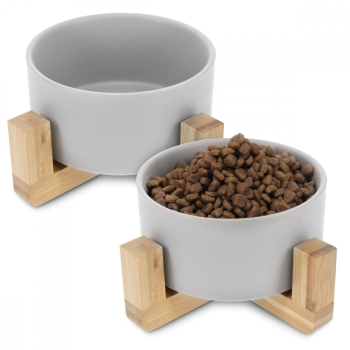 Set 2 Boluri pentru pisici si caini cu suport din bambus Navaris 550 ml Gri 48350.1.22 