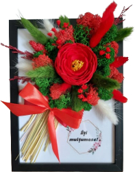 Tablou licheni cu buchet flori uscate si de sapun rosu Iti multumesc 15/21 centimetri 