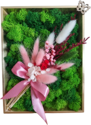 Tablou licheni si buchet flori uscate stabilizate roz 16/21 centimetri 