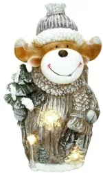 Decoratiune Craciun ceramica ren cu brad LED gri si alb 3xAAA 24.5x18x41.5 cm Chomik 