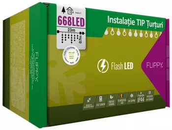 Instalatie Craciun 23 m 668 Led-uri Franjuri Alb cald Flash Transformator Interconectabila Prelungitor 3 m inclus Fir Transparent Flippy 