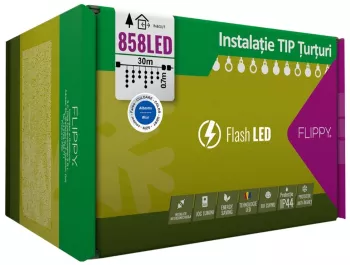 Instalatie Craciun 30 m 858 Led-uri Franjuri Albastru Flash Transformator Interconectabila Prelungitor 5 m inclus Fir Negru Flippy 