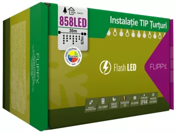 Instalatie Craciun 30 m 858 Led-uri Franjuri Multicolor Flash Transformator Interconectabila Prelungitor 3 m inclus Fir Alb Flippy 