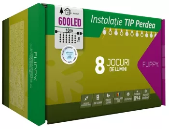 Instalatie Craciun Tip Perdea IP44 10 m x 1 m 600 LED-uri Alb rece 8 jocuri de lumini Transformator Interconectabila Prelungitor 5 m