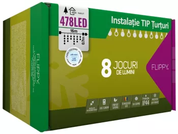 Instalatie Craciun Turturi IP44 16 m 478 Led-uri Perdea Franjurata Alb rece 8 jocuri de lumini Transformator 31 V Putere 9 W 