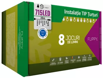 Instalatie Craciun Turturi IP44 25 m 715 Led-uri Perdea Franjurata Albastru 8 jocuri de lumini Transformator 31 V Putere 9 W 