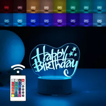 Lampa LED decorativa Flippy 3D Happy Birthday cu USB si baterii 20 cm inaltime din material acril lumina multicolora si telecomanda 