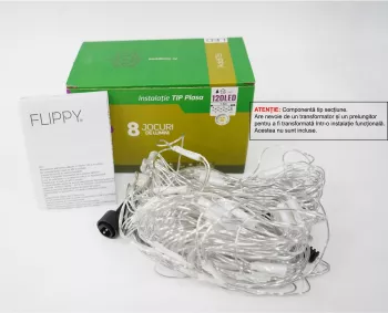 Sectiune Instalatie de Craciun Flippy Tip Plasa 120 LED-uri 1.5 x 1.5 m 8 jocuri de lumini Interconectabila Fir transparent Alb cald