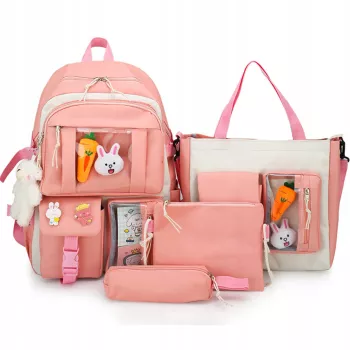 Set 4-in-1 pentru Scolari sau Prescolari - rucsac geanta de umar plic elegant penar culoare ROZ cu IEPURAS Cod AVX-WT-BUNN-PINK 