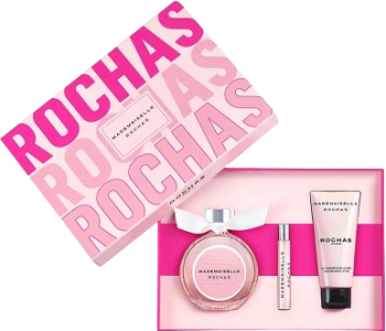 Set Apa de Parfum cu vaporizator 90 ml + Lotiune de corp 100 ml + Apa de Parfum cu vaporizator 7.5 ml Rochas Mademoiselle Rochas Estuche 
