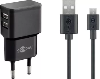 Incarcator de retea dual 2x USB cu cablu micro USB 2.4A negru Goobay 