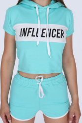 Compleu dama Influencer bluza si pantalon scurt imprimeu text bumbac turcoaz cu alb L 