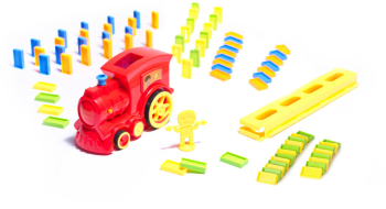 Set Trenulet Electric De Jucarie Cu 80 De Piese Domino Cu Lumini Si Sunete Rosu 