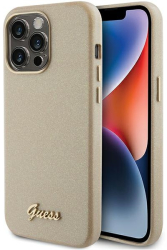 Husa Guess pentru iPhone 15 Pro Max aur cu glitter elegant. 