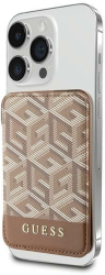 Portofel Guess profesionist cu suport pentru carduri si stand model cu dungi Gcube Stripe Magsafe de culoare maro-inchis. 