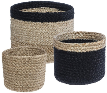 Set 3 cosuri depozitare si organizare impletite din iuta vegetala diferite dimensiuni Negru/Bej 