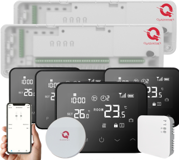 Kit Incalzire Pardoseala Wireless Q20 Automatizare Incalzire Pardoseala 2x Controller 8 zone zone 4 Termostate e-Hub Smart Negru 