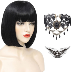 Peruca Bruneta Cosplay pentru Femei Stil Gotic Tunsoare Bob cu Breton Ideala pentru Carnaval si Halloween 