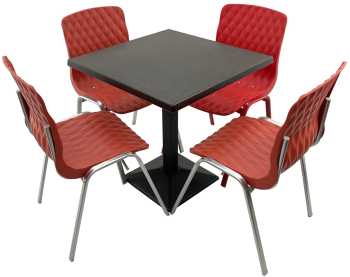 Set mobila terasa/cafenea RAKI masa patrata 70x70cm cu blat Werzalit New Wenge si baza din metal neagra 4 scaune Royal rosii 50x52xh83cm d 