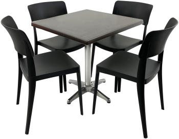 Set mobila terasa/cafenea RAKI masa patrata 80x80cm cu blat Werzalit New Wenge si baza aluminiu 4 scaune Pano negre 47 1x51 1xh81 9cm din 