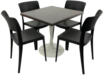 Set mobila terasa/cafenea RAKI masa patrata 80x80cm cu blat Werzalit New Wenge si baza metalica alba 4 scaune Pano negre 47 1x51 1xh81 9cm 