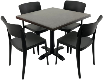 Set mobila terasa/cafenea RAKI masa patrata 80x80cm cu blat Werzalit New Wenge si picior din metal negru 4 scaune Pano negre 47 1x51 1xh81 