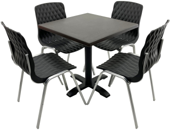 Set mobila terasa/cafenea RAKI masa patrata 80x80cm cu blat Werzalit New Wenge si picior din metal negru 4 scaune Royal negre 50x52xh83cm 