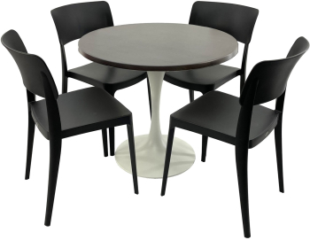 Set mobila terasa/cafenea RAKI masa rotunda D80cm cu blat Werzalit New Wenge si baza metalica alba 4 scaune Pano negre 47 1x51 1xh81 9cm d 