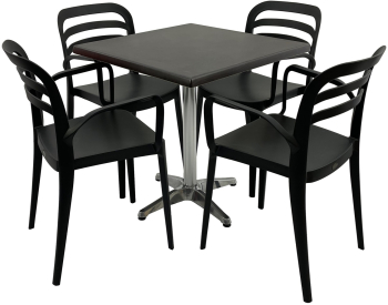 Set mobila terasa/restaurant RAKI masa patrata 70x70cm cu blat Werzalit New Wenge si baza aluminiu 4 scaune cu brate Aspendos negre 54 5x5 