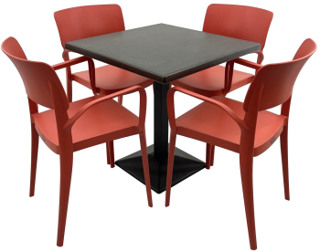 Set mobila terasa/restaurant RAKI masa patrata 70x70cm cu blat Werzalit New Wenge si baza din metal neagra 4 scaune cu brate Panora rosii 