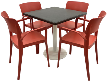 Set mobila terasa/restaurant RAKI masa patrata 70x70cm cu blat Werzalit New Wenge si picior metalic alb 4 scaune cu brate Panora rosii 54 